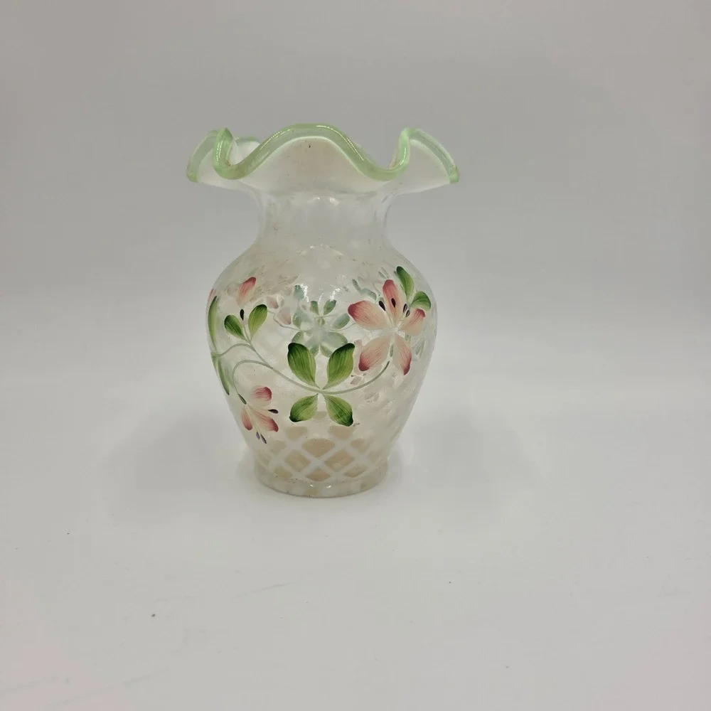 Fenton Handpainted Glass Vase Floral Ruffled Green Rim‎ Collectible
